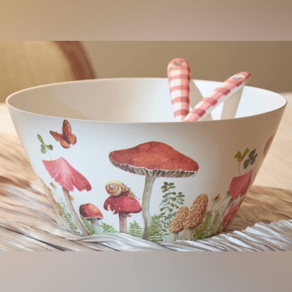 Primitives by Kathy Serving Bowl Mushrooms & Butterflies, set/3, matching plate